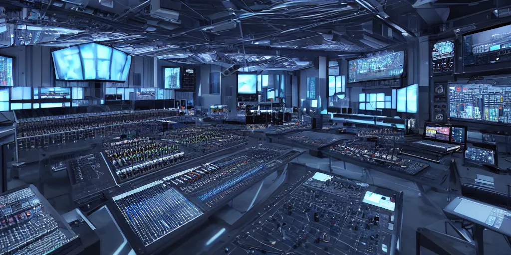 Prompt: giant futuristic music studio full of mixers, stands and speakers, led stripes, illuminated knobs, illuminated faders, intricate insanely detailed octane render, 8K artistic photography, photorealistic