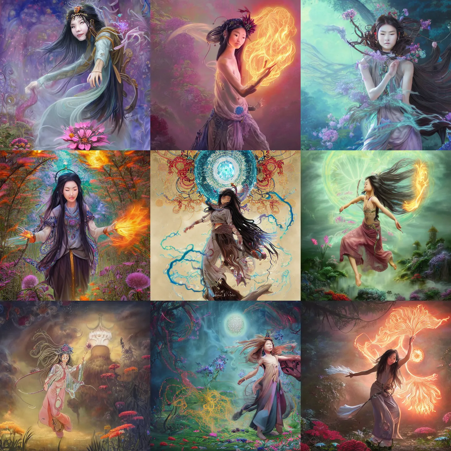Prompt: breathtaking detailed concept art painting of smiling hapa sorceress wearing trousers chasing will-o-wisps casting a fireball in a garden, orthodox saint, with anxious, piercing eyes, ornate background, amalgamation of leaves and flowers, by Hsiao-Ron Cheng, James jean, Miho Hirano, Hayao Miyazaki, extremely moody lighting, Black paper, cut paper texture, Full of light-blue and silver and white layers, 8K