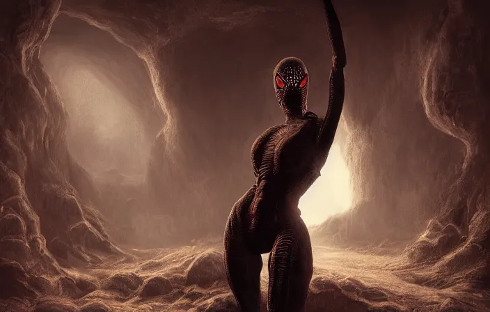 Prompt: creepy matte painting of an armored humanoid female spider monster with eight spider legs in a dark cave, ultra detailed, monster, half human half spider, human torso and head, spider thorax, human face, human arms, creature design, concept art, 8 k, moody lighting, muted colors, dramatic lighting, realistically proportioned face