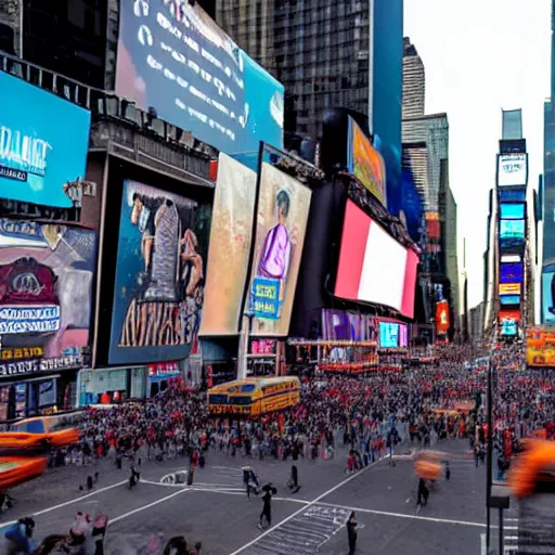 Prompt: photo of moai statues invasion in times square