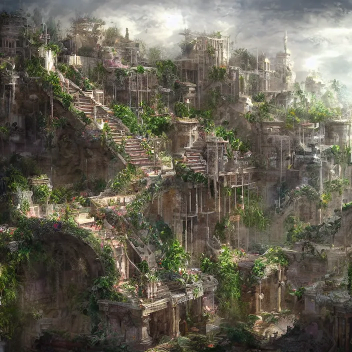 Image similar to behold the celestial fortress that no human can lay a finger on. my garden of vanity... the hanging gardens of babylon, trending on artstation