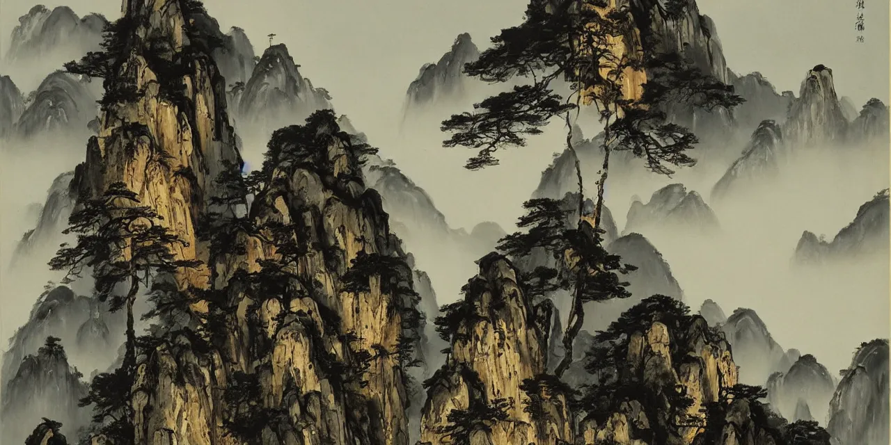 Image similar to the taoist temples of huangshan, landscape painting by peder balke