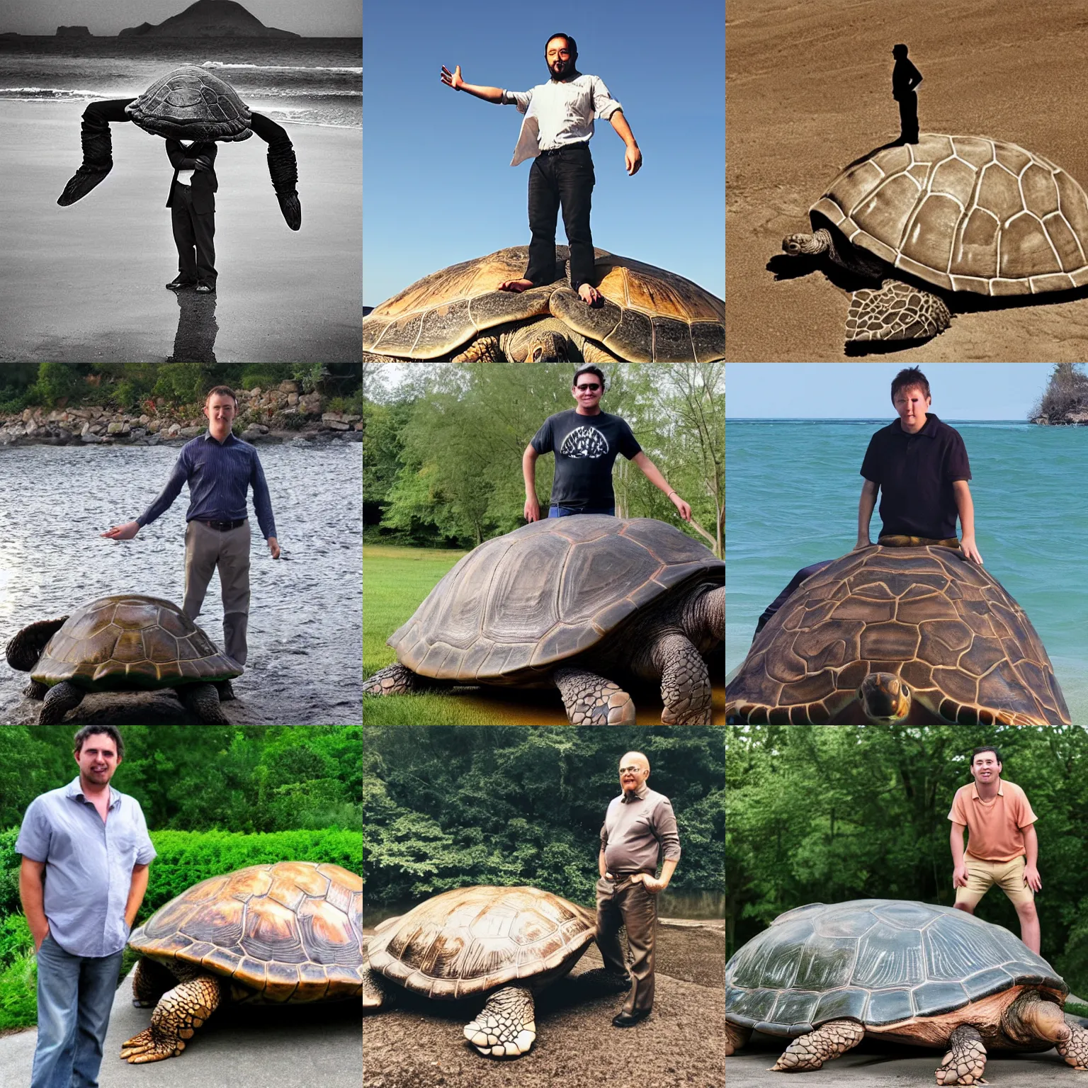 Prompt: photo of a man standing on a giant turtle