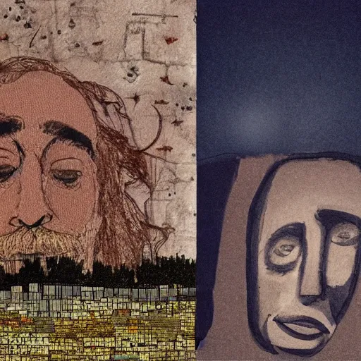 Prompt: dream A portrait of a man, by Karl Wiener, nighttime foreground, (abstract), figurative, ((((unreal engine)))), (pen), (((dark colors))), ((((dirt brick road)))), ((((((collage))))), ((Absurdist art))