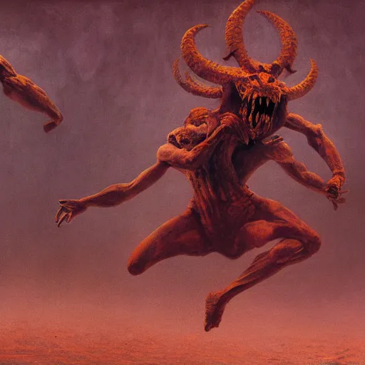 Prompt: two demons dance ballet in hell, beksinski, dariusz zawadzki, very coherent symmetrical artwork. cinematic, hyper realism, high detail, octane render, 8 k