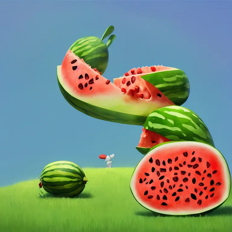 Image similar to Goro Fujita illustrating a rabbit eating a giant watermelon, art by Goro Fujita, sharp focus, highly detailed, ArtStation