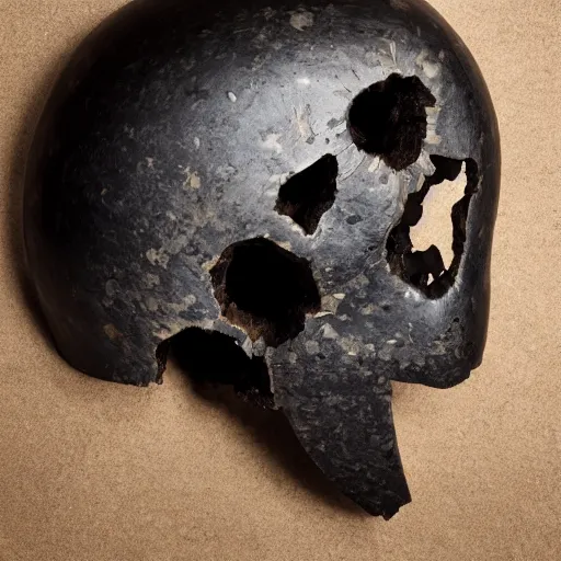 Prompt: symmetrical product photograph of a highly detailed ominous helmet made from fragmented bone and obsidian, damaged