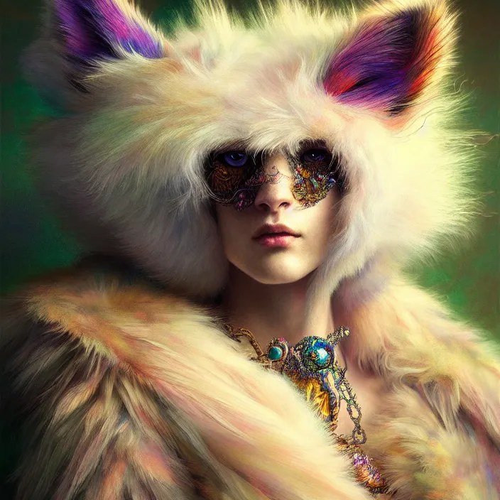 Image similar to psychedelic fluffy furry animal cyborg, diffuse lighting, fantasy, intricate, elegant, highly detailed, lifelike, photorealistic, digital painting, artstation, illustration, concept art, smooth, sharp focus, art by John Collier and Albert Aublet and Krenz Cushart and Artem Demura and Alphonse Mucha