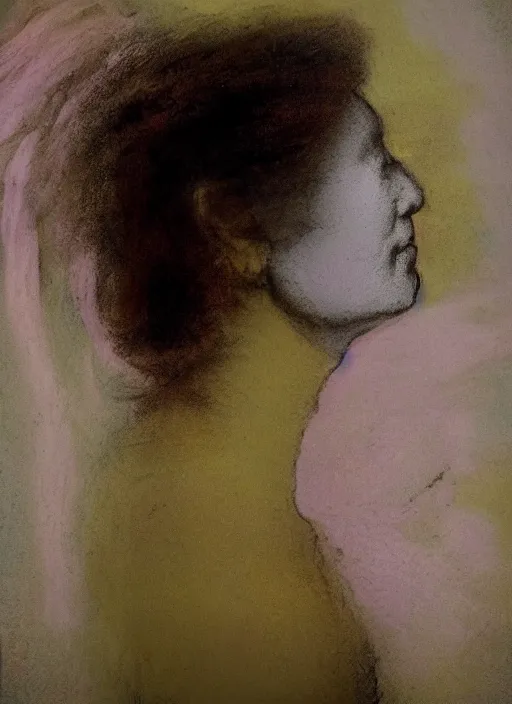 Prompt: a woman's face in profile, made of exotic pastel feathers, in the style of Rembrandt and Gregory Crewdson, dark and moody