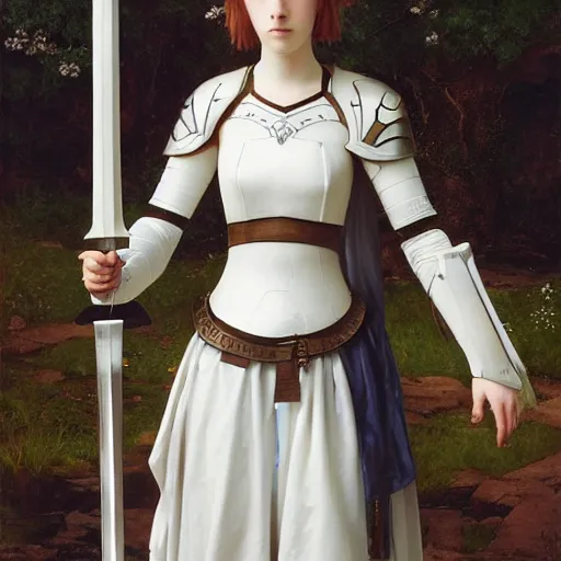 Image similar to Painting of Alice in Sword Art Online SAO, delicate, pale milky white porcelain skin, heavy armor, by Edmund Leighton. 8K. Extremely detailed.