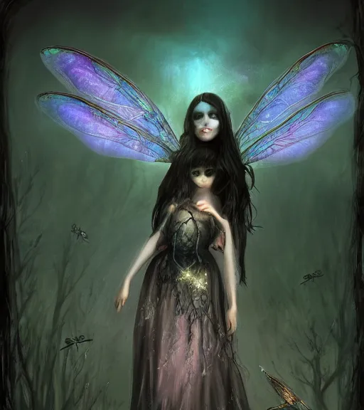 Image similar to gothic fairy with dragonfly wings, digital painting, liminal eerie midnight backlit, a picture taken by Michael Komarck