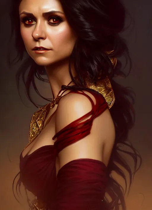 Image similar to portrait of nina dobrev as a sultry vampire queen, jewelry, greek, ruby, intricate, headshot, highly detailed, digital painting, artstation, concept art, sharp focus, cinematic lighting, illustration, art by artgerm and greg rutkowski, alphonse mucha, cgsociety