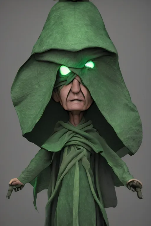 Prompt: A cute shaman with no nose, glowing eyes and a very long hooded dark green cloak of leaves by Vivien Lulkowski and Julien Kaspar, 3D render, stylized, Cycles Render