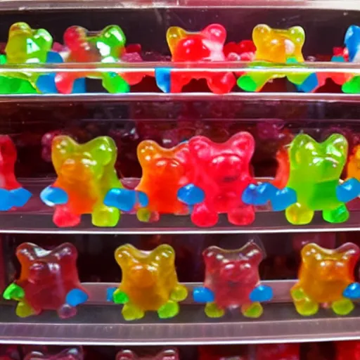 Image similar to Gummy Bear candies alive, caught on camera, lost footage, blurry, shouldn't be seen, backrooms