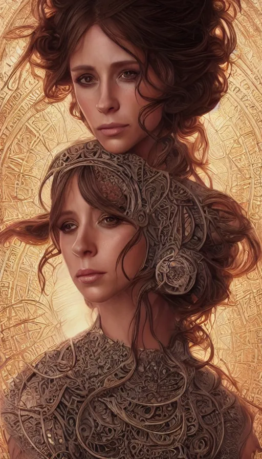 Prompt: jennifer love hewitt, acotar, fibonacci, sweat drops, intricate fashion clothing, insane, intricate, highly detailed, surrealistic, digital painting, artstation, concept art, smooth, sharp focus, illustration, unreal engine 5, 8 k, art by artgerm and greg rutkowski and alphonse mucha