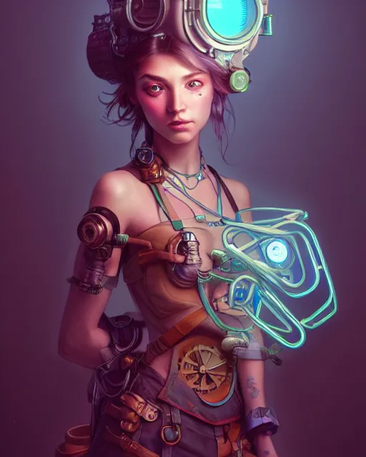 Prompt: one singular portrait of a cute bioluminescent steampunk girl, highly detailed, digital painting, moody cinematic lighting, hyperrealism, dark retrowave, art by stanley lau and artgerm and magali villeneuve and alphonse mucha, artstation, octane render, cgsociety