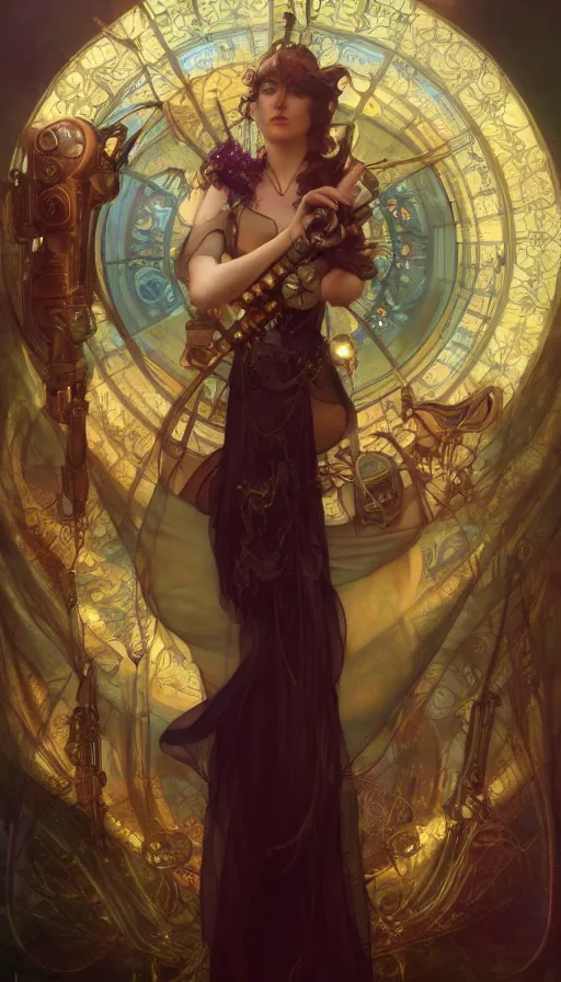 Image similar to hyper realistic photographer taking a picture, magical, gems, jewels, gold, steampunk, cyberpunk, painted by tom bagshaw, mucha, gaston bussiere, craig mullins, j. c. leyendecker 8 k