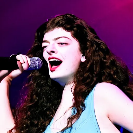 Prompt: lorde singing in a concert during a navy blue night