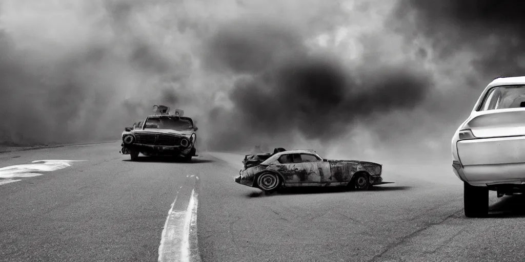 Prompt: car in full speed in a empty street, mad max kieth thomsen