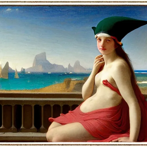 Image similar to A girl with jester hat and clothes on the front of a Balustrade with a beach on the background, major arcana cards, by paul delaroche, hyperrealistic