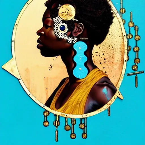 Image similar to portrait of african woman :: side profile :: in ocean :: clockwork details :: gold :: blood and horror :: by marvel and Sandra Chevrier