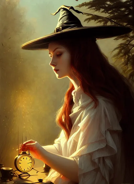 Image similar to a clock and a witch, elegant, sharp focus, illustration, highly detailed, digital painting, concept art, matte, art by wlop and artgerm and ivan shishkin and andrey shishkin, masterpiece