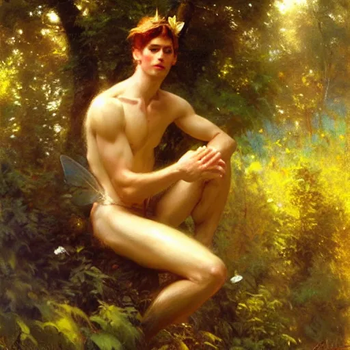 Image similar to attractive male fairy with wings in the forest, posing. highly detailed painting by gaston bussiere, craig mullins, j. c. leyendecker, 8 k