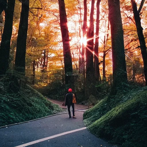 Image similar to 1 9 9 0 s candid 3 5 mm photo of a beautiful forest in tokyo, cinematic lighting, cinematic look, golden hour, the clouds are epic and colorful with cinematic rays of light, a man walks down the center of the forest with a beanie on, photographed by petra collins, uhd