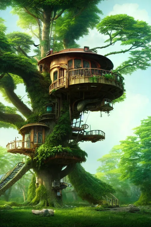 Prompt: treehouse, solarpunk studio ghibli, jean - baptiste monge, octane render, 4 k