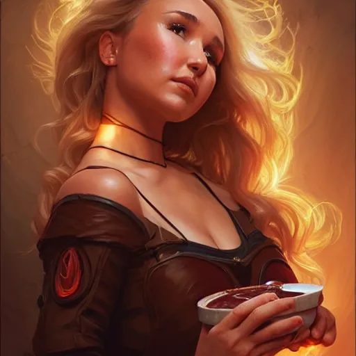 Image similar to Hayden Panettiere Eating BBQ Ribs, dripping BBQ Sauce, D&D, fantasy, intricate, elegant, highly detailed, digital painting, artstation, concept art, matte, sharp focus, illustration, hearthstone, art by Artgerm and Greg Rutkowski and Alphonse Mucha