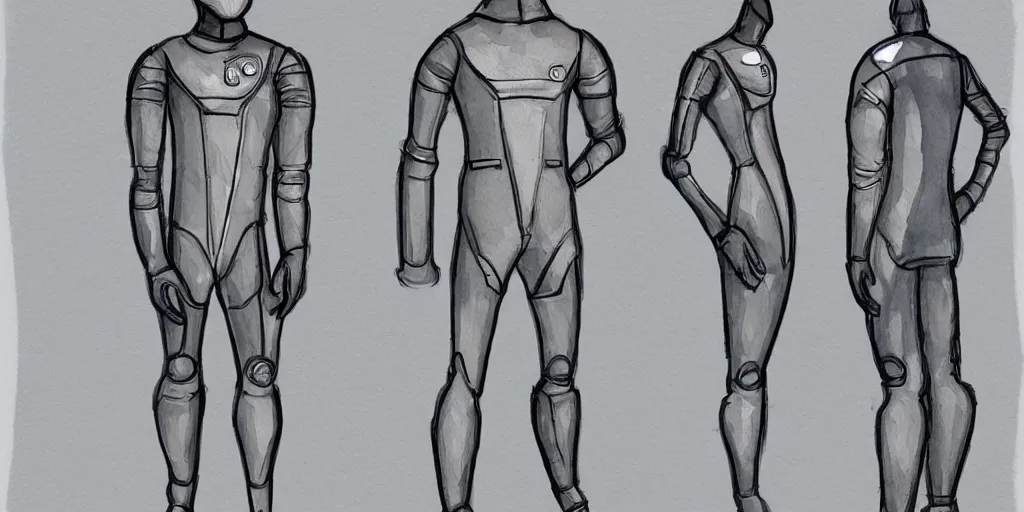 Image similar to male, elongated figure, space suit, sketch, large shoulders, short torso, long thin legs, tiny feet, character sheet, very stylized, illustration, watercolor shading,