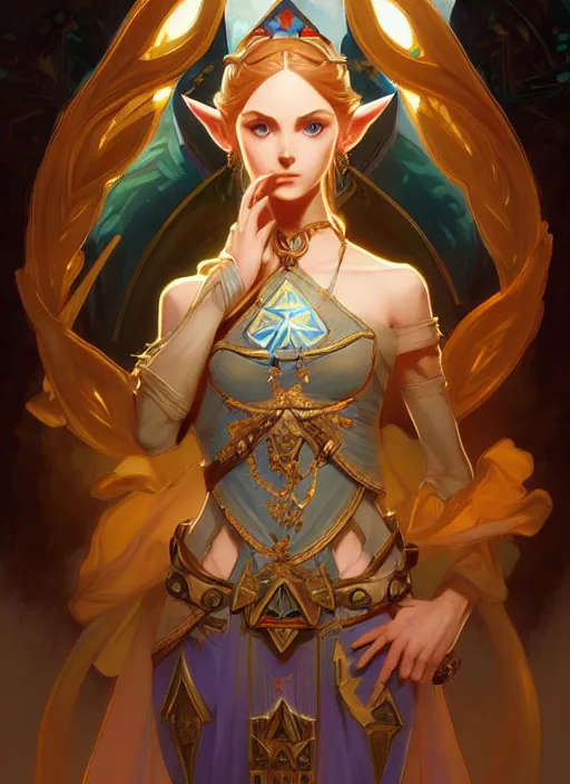 Image similar to zelda with triforce, fantasy, intricate, elegant, highly detailed, digital painting, artstation, concept art, wallpaper, smooth, sharp focus, illustration, art by artgerm and greg rutkowski and alphonse mucha