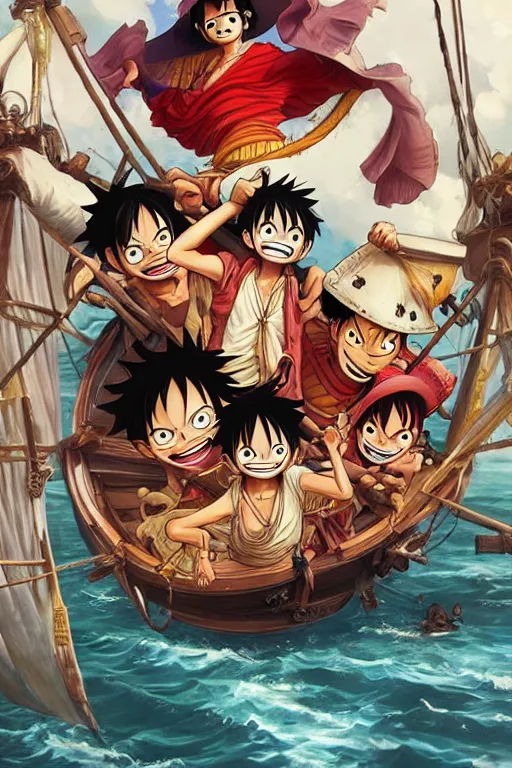 Image similar to Luffy from One Piece with friends on a pirate ship, highly detailed, digital painting, artstation, concept art, sharp focus, illustration, art by artgerm and greg rutkowski and alphonse mucha