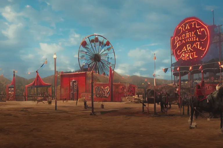 Image similar to 3d sculpt of an arched sign for a circus called 'the dark metal carnival', red dead redemption2, artstaton, digital illustration