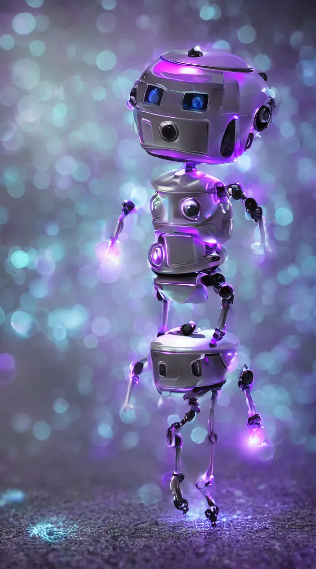 Image similar to tiny robot with purple lights, professional photo, hdr, bokeh, sci fi