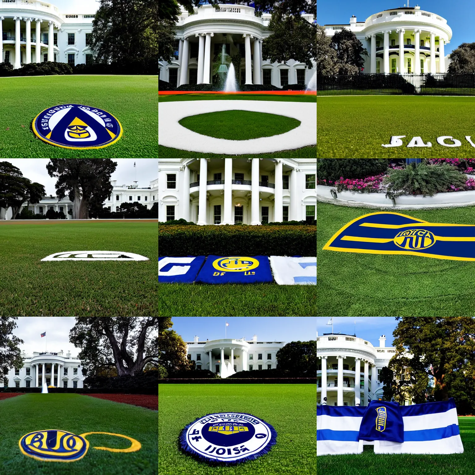 Prompt: the logo of Boca Juniors in the front yard of the White House