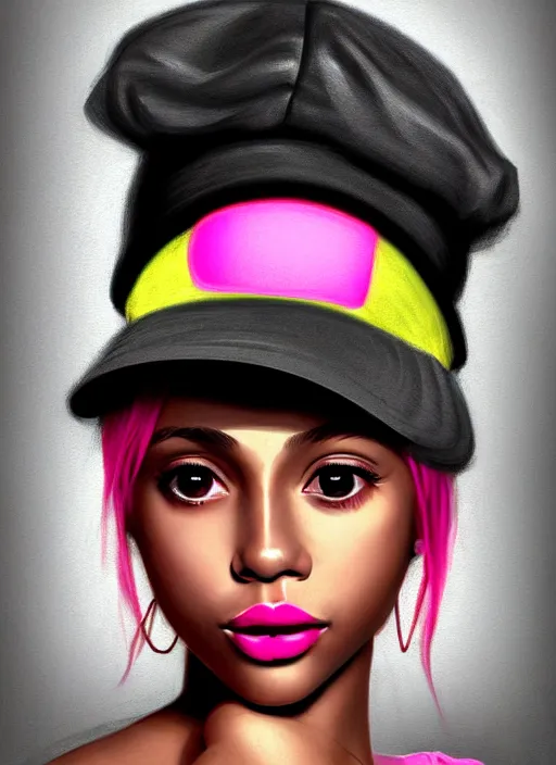 Image similar to portrait of teenage vanessa morgan with bright pink hair, black girl, vanessa morgan, curly pixie cut hair, wearing newsboy cap, newsboy cap, hoop earrings, intricate, elegant, glowing lights, highly detailed, digital painting, artstation, concept art, smooth, sharp focus, illustration, art by wlop, mars ravelo and greg rutkowski