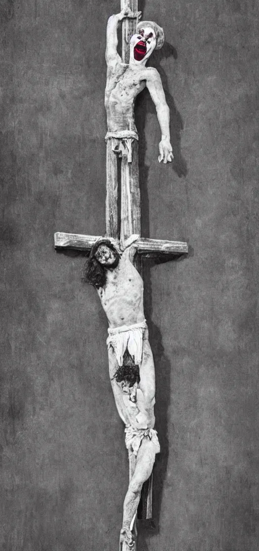 Image similar to a crucified clown