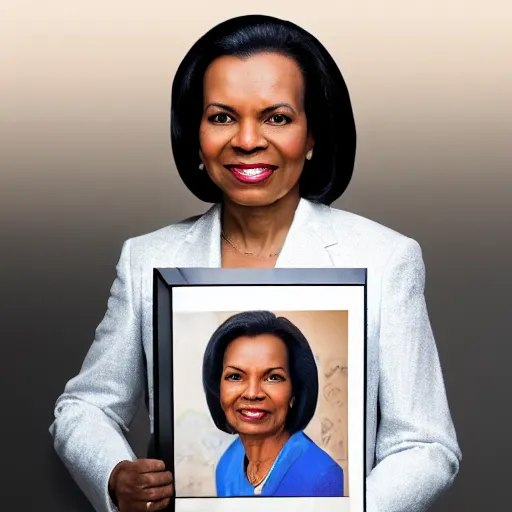 Prompt: Condoleezza Rice commemorative plate, studio photograph, XF IQ4, 150MP, 50mm, F1.4, ISO 200, 1/160s, natural light, Adobe Photoshop, Adobe Lightroom, photolab, Affinity Photo, PhotoDirector 365