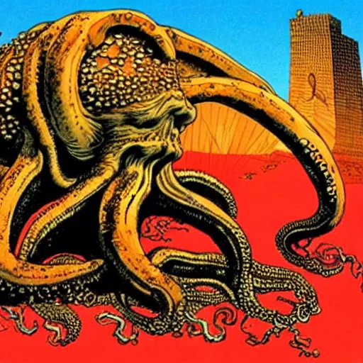 Image similar to giant alien octopus demon terrorising a city, art by Richard Corben