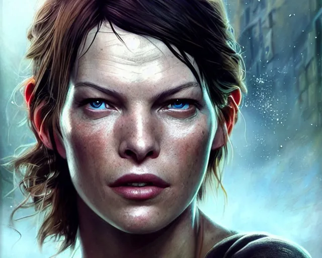 Image similar to highly detailed portrait of milla jovovich, in the last of us, stephen bliss, unreal engine, fantasy art by greg rutkowski, loish, rhads, ferdinand knab, makoto shinkai and lois van baarle, ilya kuvshinov, rossdraws, tom bagshaw, global illumination, radiant light, detailed and intricate environment