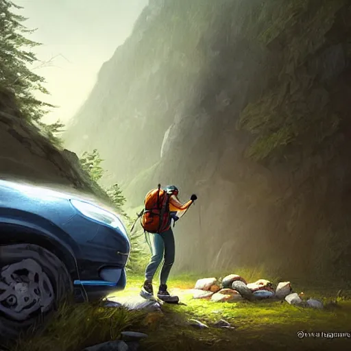 Prompt: hiker unloading the car before camping, by etienne hebinger, cgsociety, fantasy art, 2 d game art