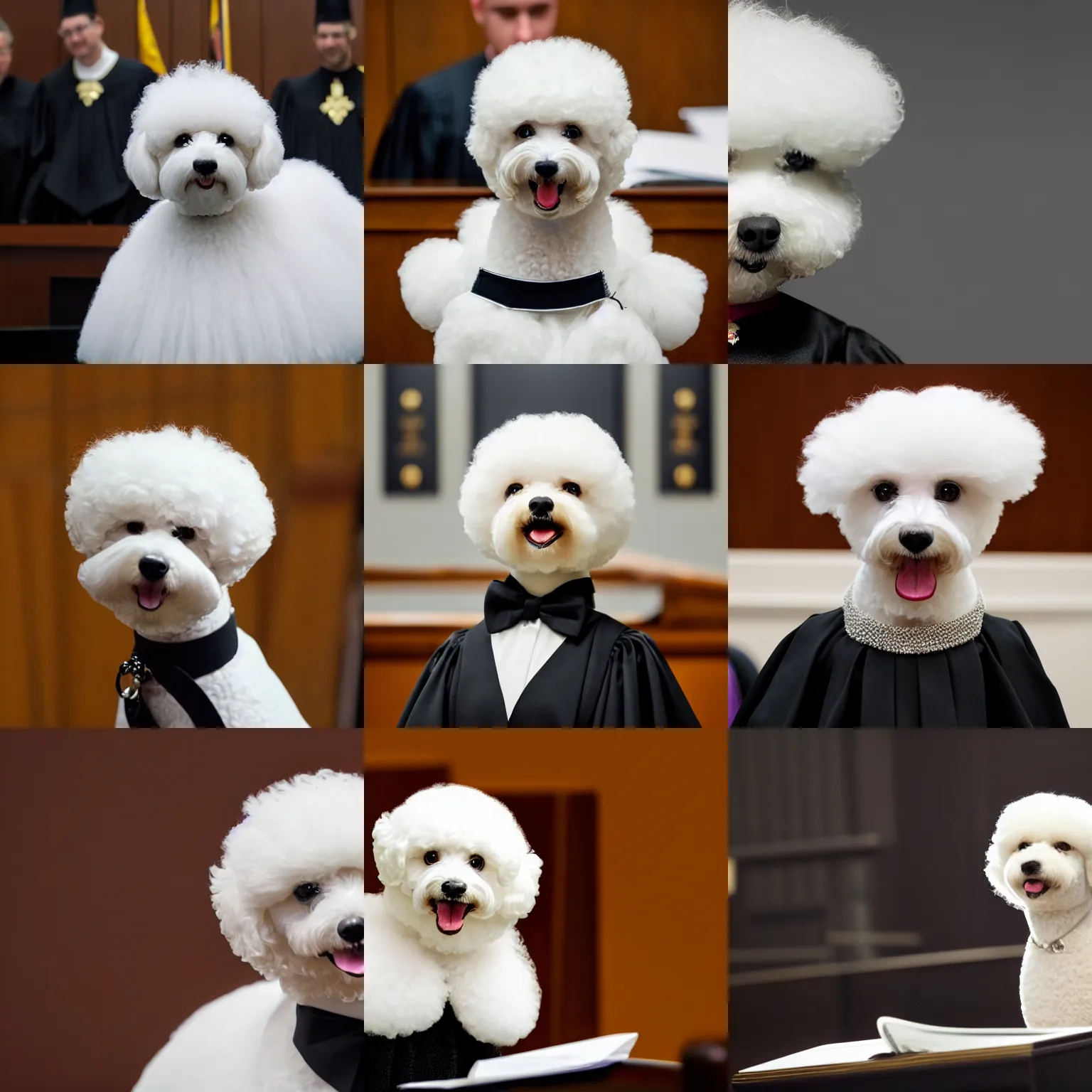 Image similar to a closeup photorealistic photograph of a cute smiling white bichon frise judge wearing a black gown and addressing a courthouse. this 4 k hd image is trending on artstation, featured on behance, well - rendered, extra crisp, features intricate detail, epic composition and the style of unreal engine.