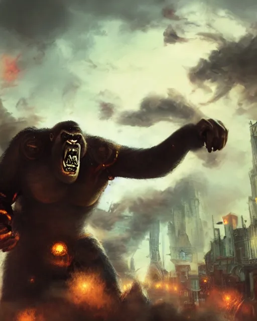 Prompt: oil painting of Steampunk angry King Kong smashing buildings, sharp focus, full body, heroic pose, fantasy style, steampunk city background, octane render, volumetric lighting, 8k high definition, by greg rutkowski, highly detailed, trending on art Station, magic the gathering artwork, centered, dramatic artwork, combat scene