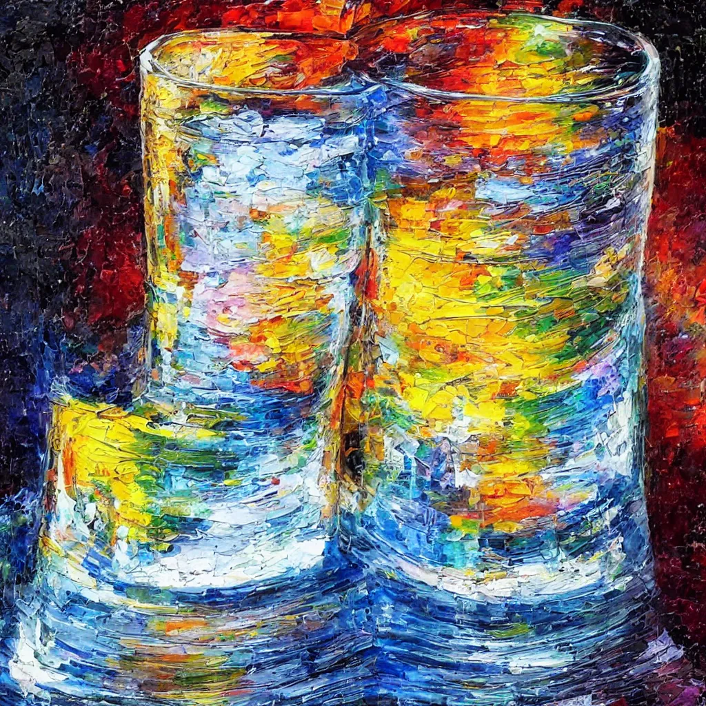 Prompt: super realistic large full glass of water in a dark room painted in thick heavy impasto, using a palette knife