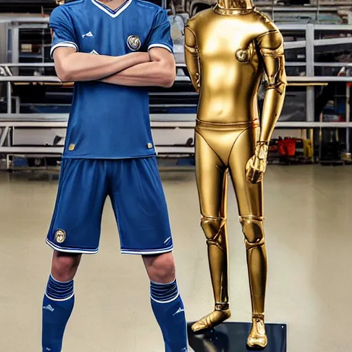 Image similar to a realistic detailed photo of a guy who is an attractive humanoid who is half robot and half humanoid, who is a male android, soccer players martin ødegaard & timo werner, shiny skin, posing like a statue, blank stare, in a factory, on display, showing off his muscles, gold soccer shorts, side view, looking at each other mindlessly