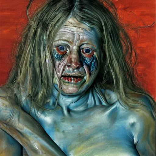 Image similar to high quality high detail painting by lucian freud and jenny saville, hd, crazy demonic witch, turquoise