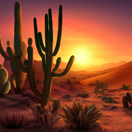 Prompt: matte painting of desert sunset with cacti, trending on artstation, 4 k, award winning