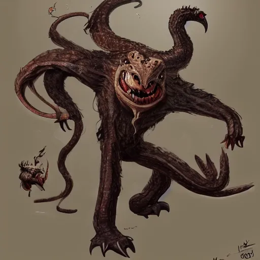 Prompt: concept art, a monster with the head of an ostrich and the body of a snake and the wings of bird and the feet of a lion, trending on artstation