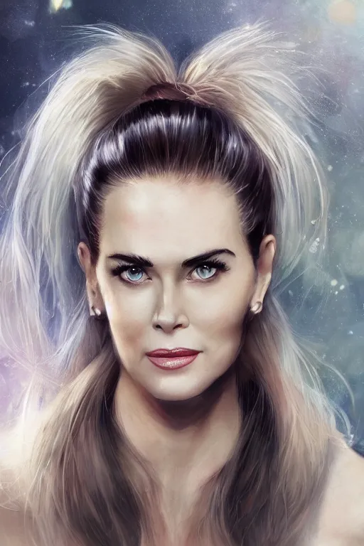 Image similar to mix of beautiful young maria shriver, mariel hemmingway, brooke shields, nicole kidman and elle macpherson as an alien creature, thin lips, hair tied up in a pony tail, dark blonde hair, colorful, artstation, cgsociety